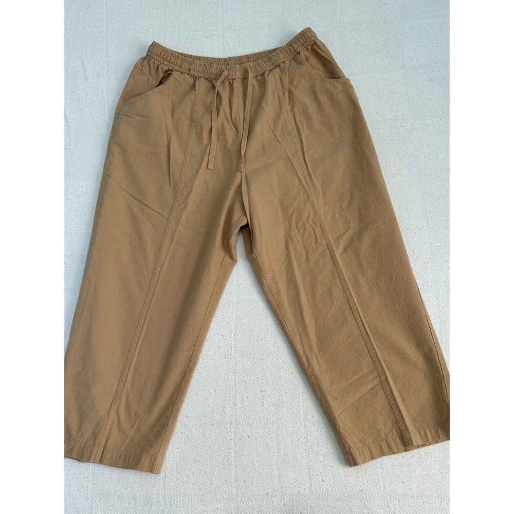 CW Classics Tan Khaki 100% Cotton Crop Pants Elastic Drawstring Waist  Large